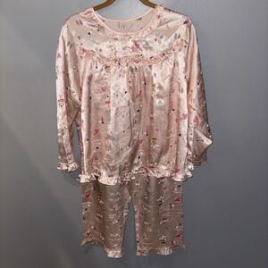 CARINA Womens Pink Heart 2pc Top & Bottom Pajama Set Ruffle Satin Valentines SzM